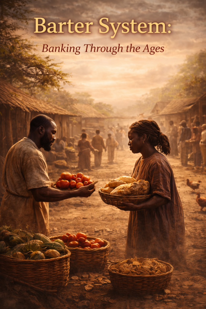 Banking through the ages illustrating an ancient marketplace where people exchange goods like breead and tomatoes through bartewr trade