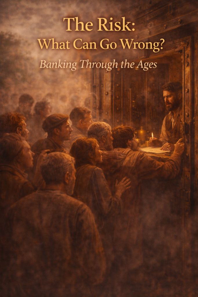 banking through the ages depicting a goldsmith crafting coins and laying the foundation for early banking systems.
