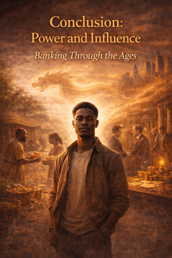 portraying a modern observer reflecting on the evolution of banking systems from barter to structured finance