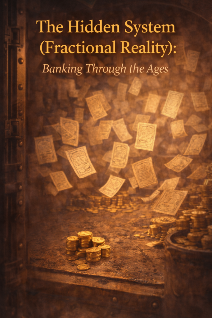 showing goldsmith handing a paper reciept representing stored gold coins to a citizen