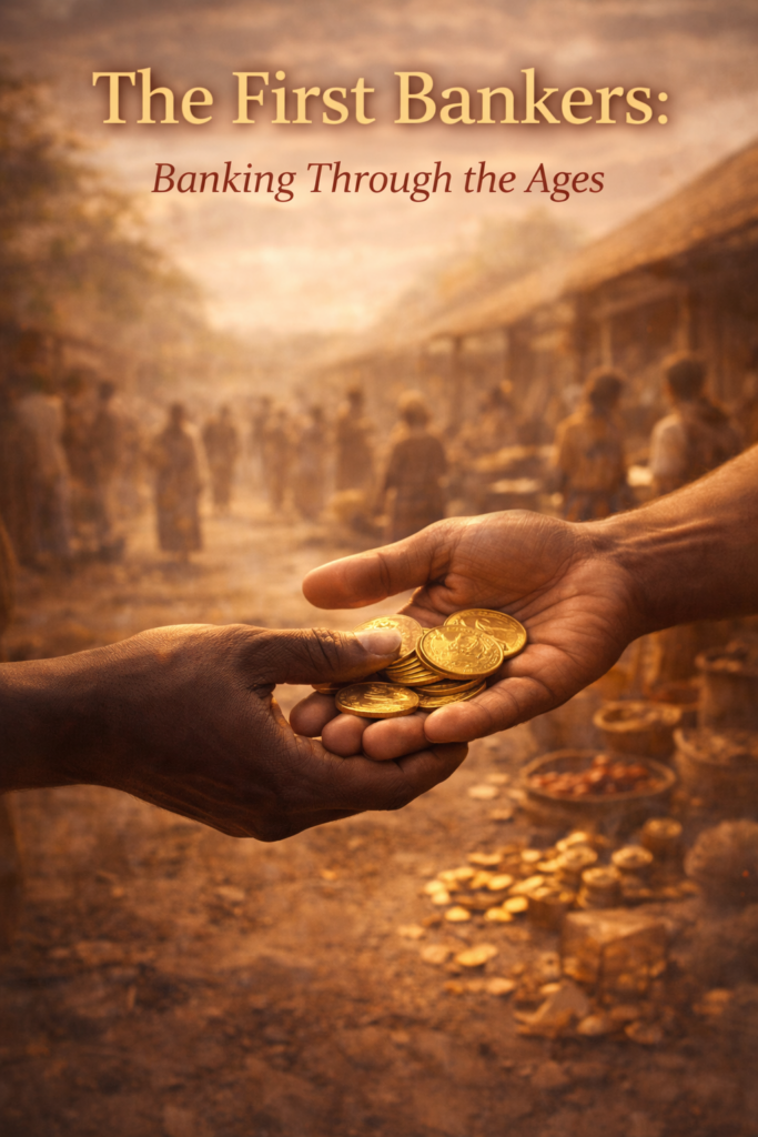 banking through the ages showing the introduction of gold coins as currency replacing barter in early trade systems