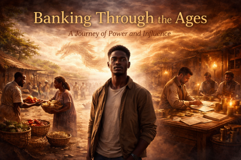 Bankigng through the ages showing a mordern South Africa observer between ancient barter trade and early goldsmith banking system