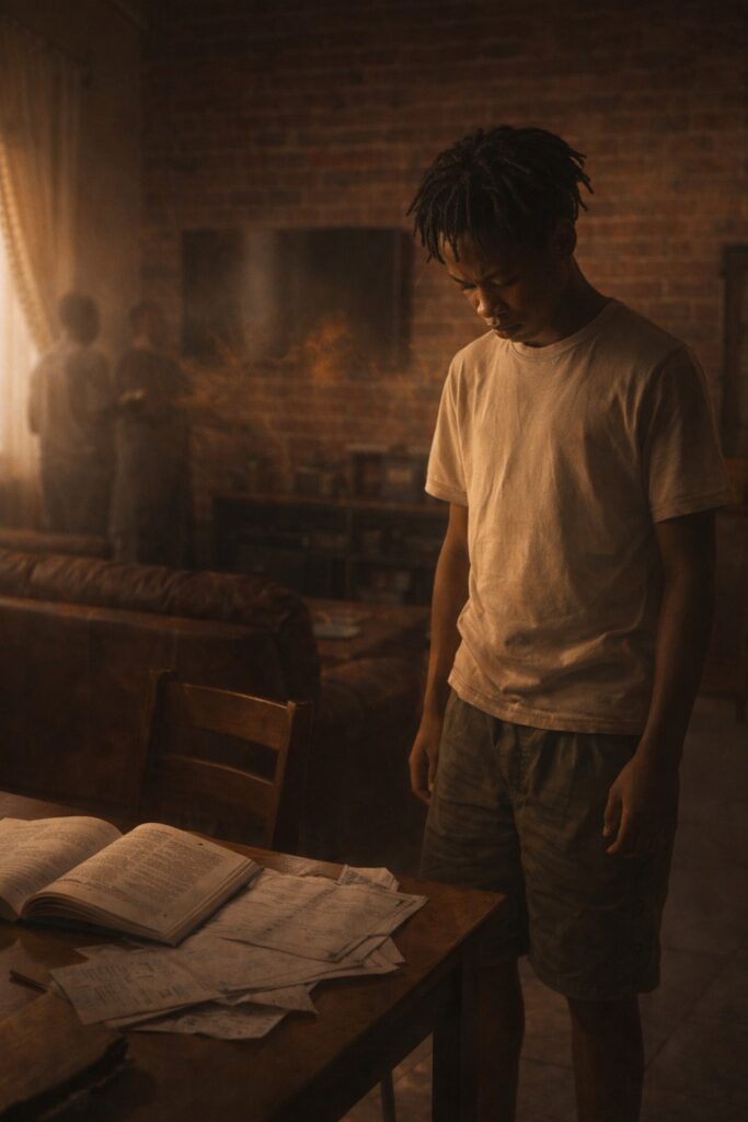 The Evolution of a Consistent Trader – teenage boy studying late at night facing pressure, struggle and discipline