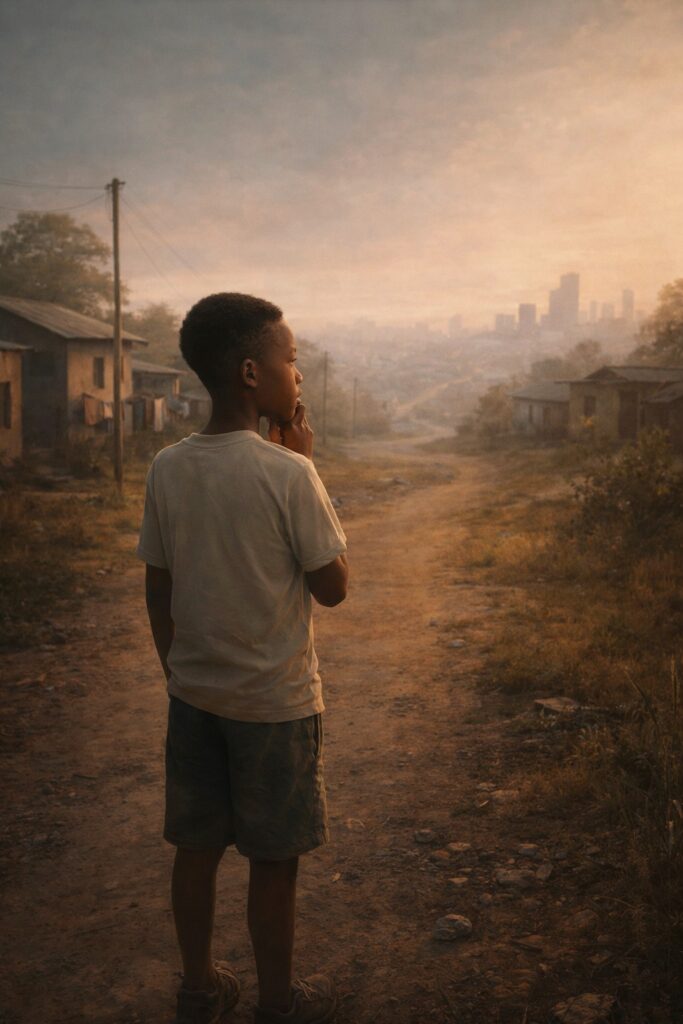 The Evolution of a Consistent Trader – young boy standing in a township reflecting on early life and beginnings

