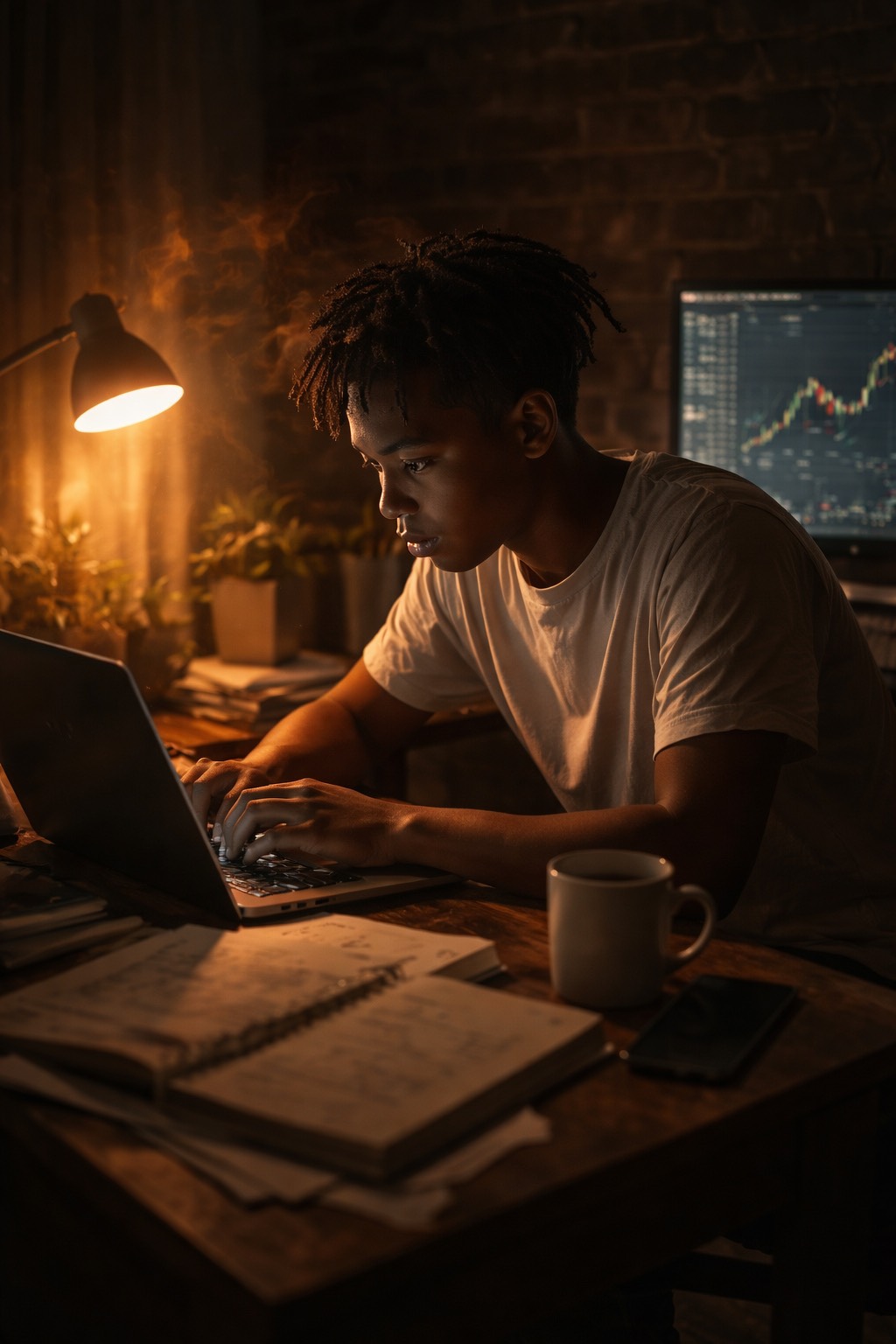 The Evolution of a Consistent Trader – young man working on trading charts developing focus, discipline and mindset

