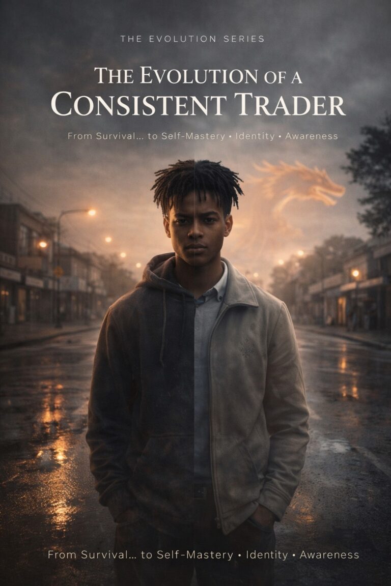 The Evolution of a Consistent Trader – young man on a wet Klerksdorp street with split identity symbolising transformation and awareness