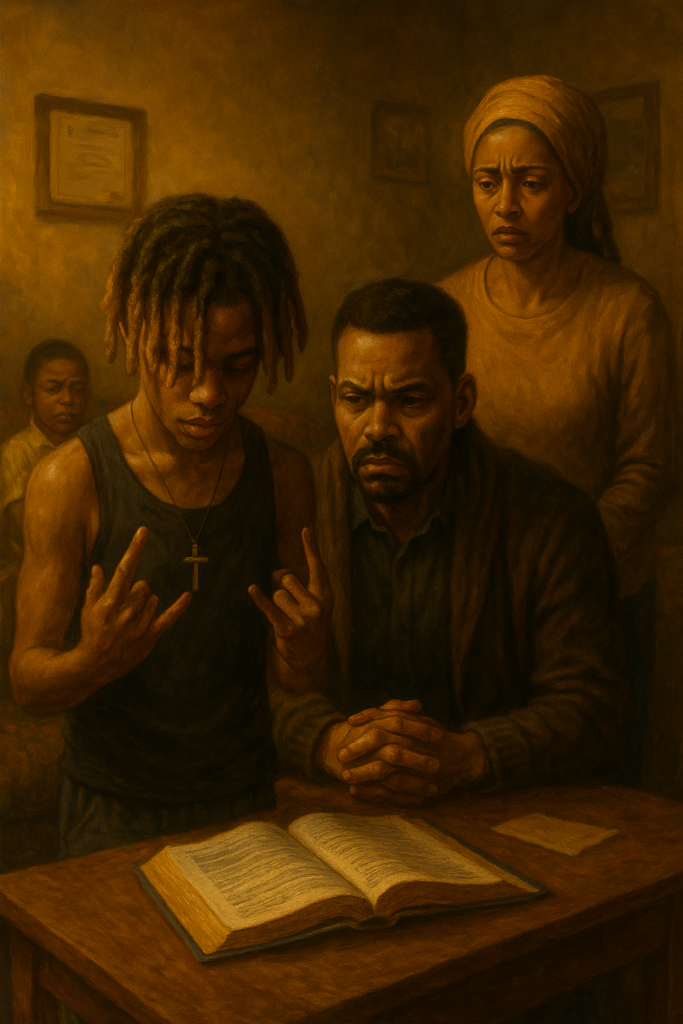 A young trader facing family pressure in a warm, shadowed home scene during The Evolution of a Consistent Trader journey.