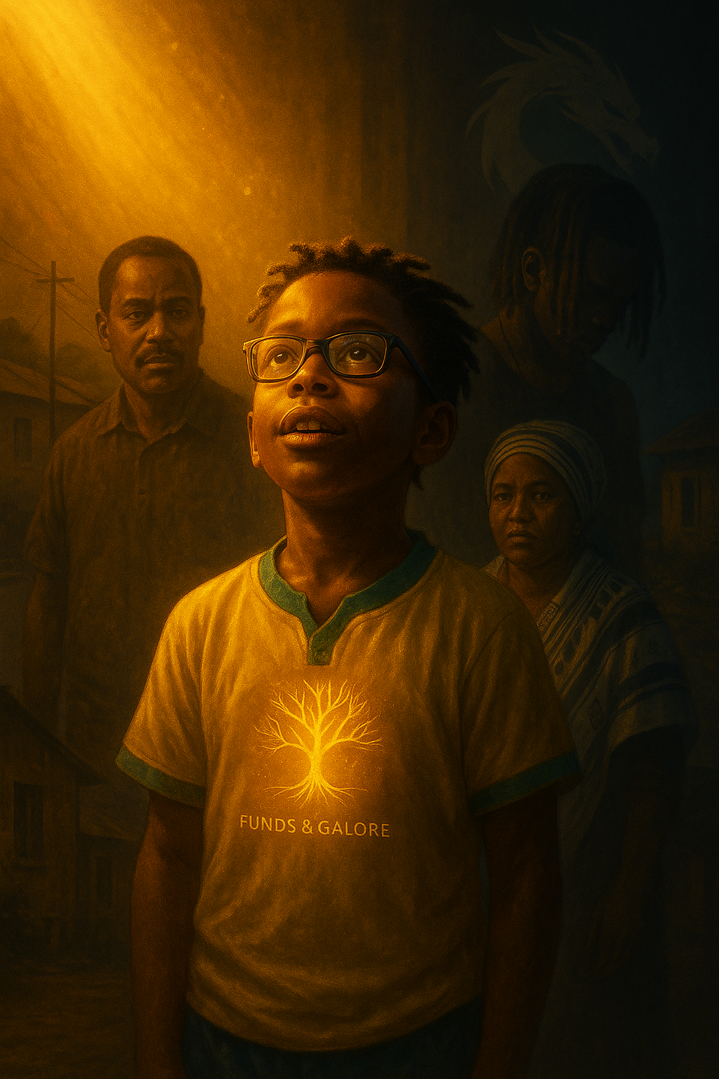 A child standing in glowing light as purpose awakens, with parents behind him.