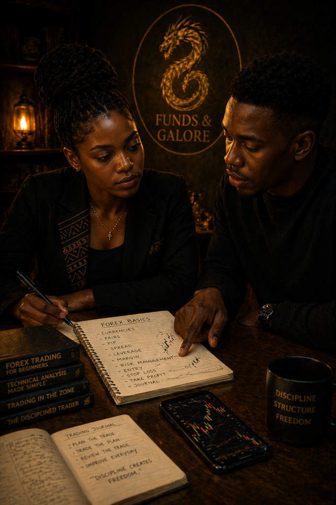 Discipline Over Desire illustrating a woman writing in a trading journal as discipline and learning begin to take shape.