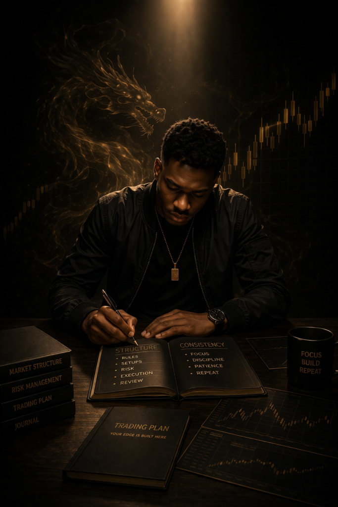 Blueprint of a consistent trader depicting a focused trader journaling and analysing charts in a clean disciplined trading environment.