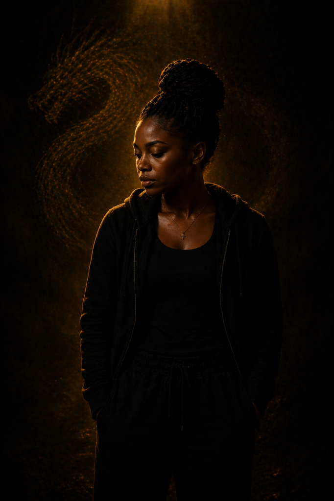 Discipline Over Desire illustrating a woman standing alone in darkness representing reflection and the collapse of old methods 