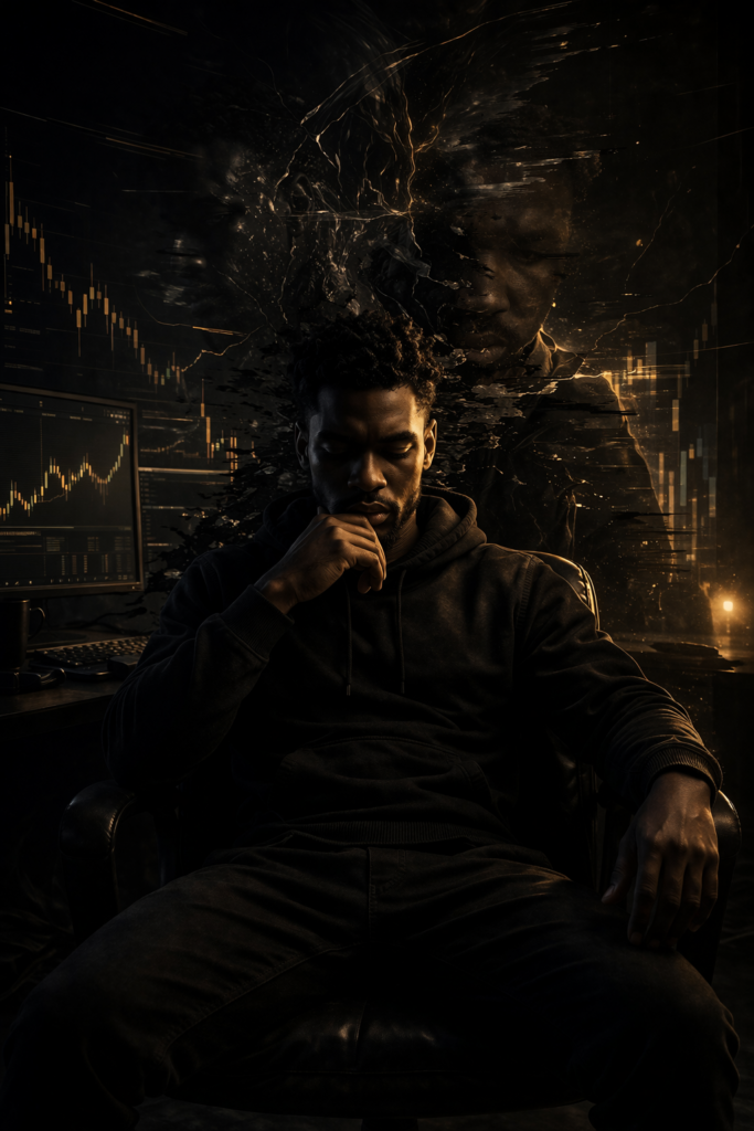 Mindset Over Markets depicting a calm trader with subtle background distortions representing hidden emotional instability behind perceived control