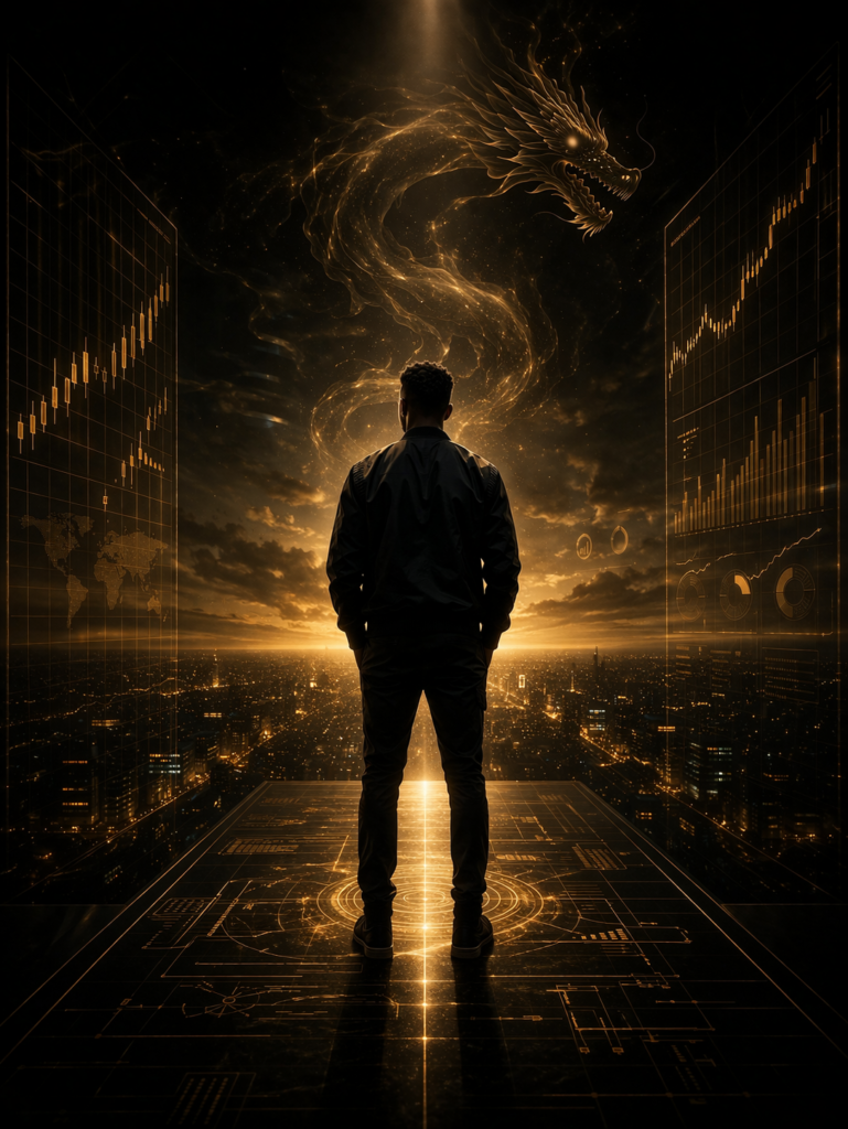 The New Age Conscious Trader portraying a calm trader standing within a complete structured system representing mastery and consistency