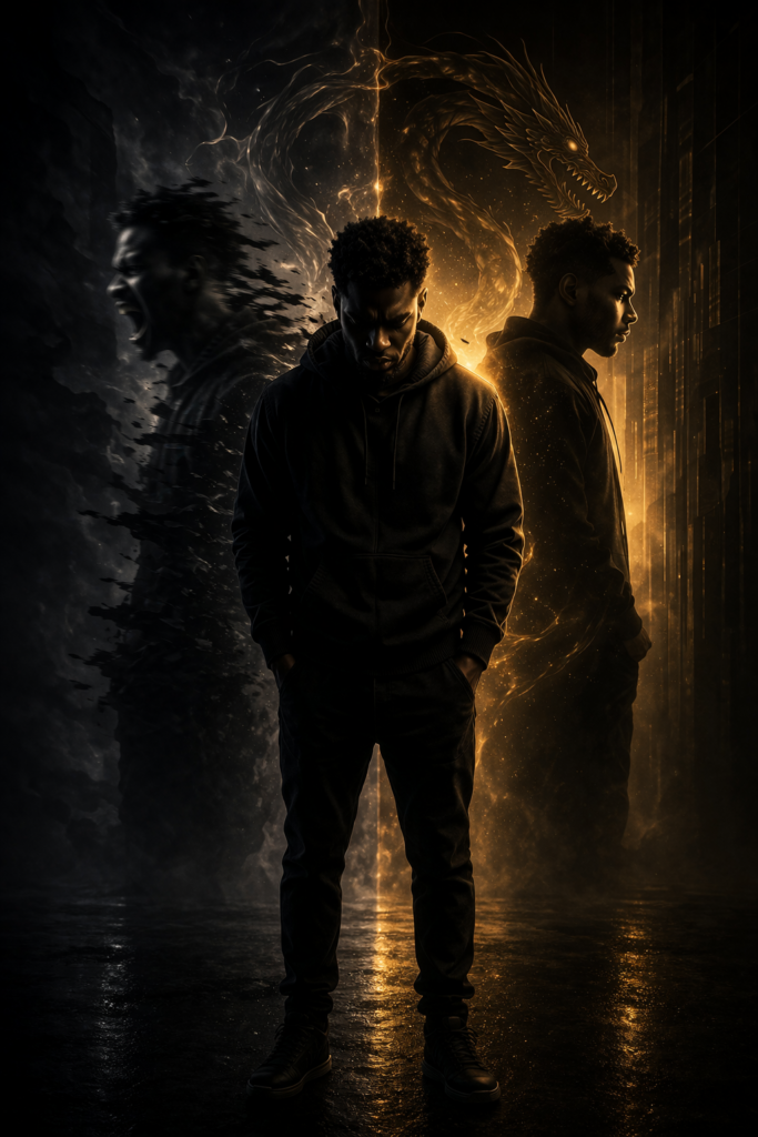 Mindset Over Markets illustrating a trader standing between two versions of himself symbolising the internal war between impulse and discipline

