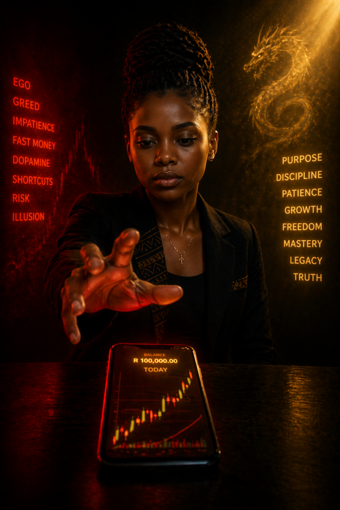 Discipline Over Desire showing a woman pulled between desire and purpose while reaching toward a glowing trading chart.