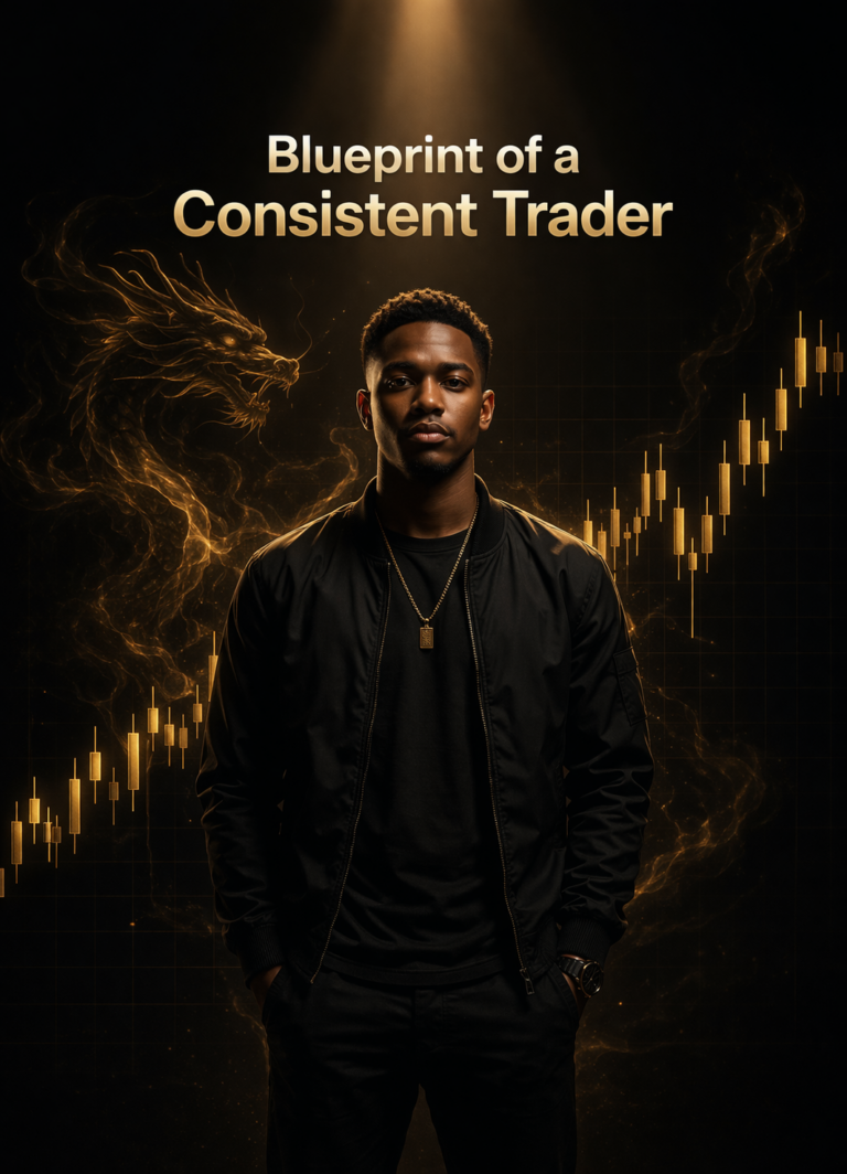 Blueprint of a consistent trader showing a calm South African trader in a dark minimal space with a structured golden chart symbolising discipline and consistency