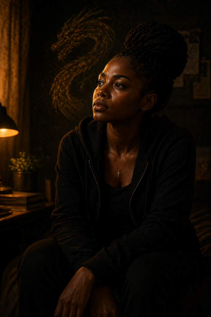 Discipline Over Desire illustrating a woman sitting alone in a quiet space reflecting on her trading journey and inner growth