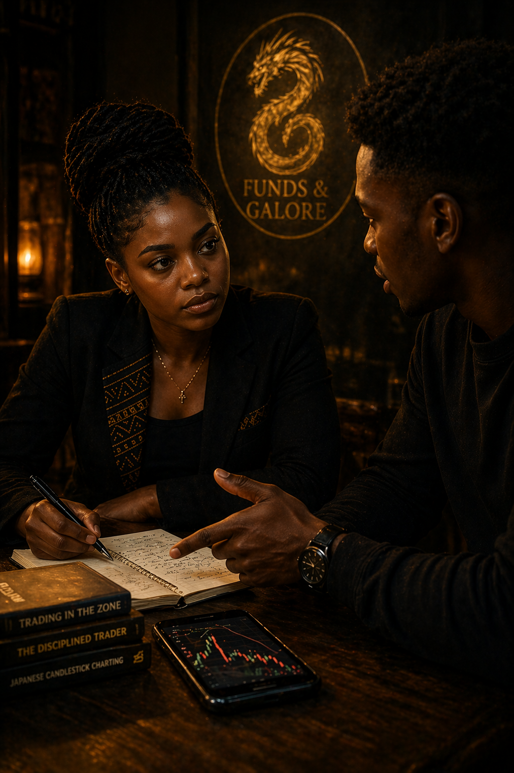 Discipline Over Desire showing a woman learning forex basics with a mentor using notes and charts in a focused environment.