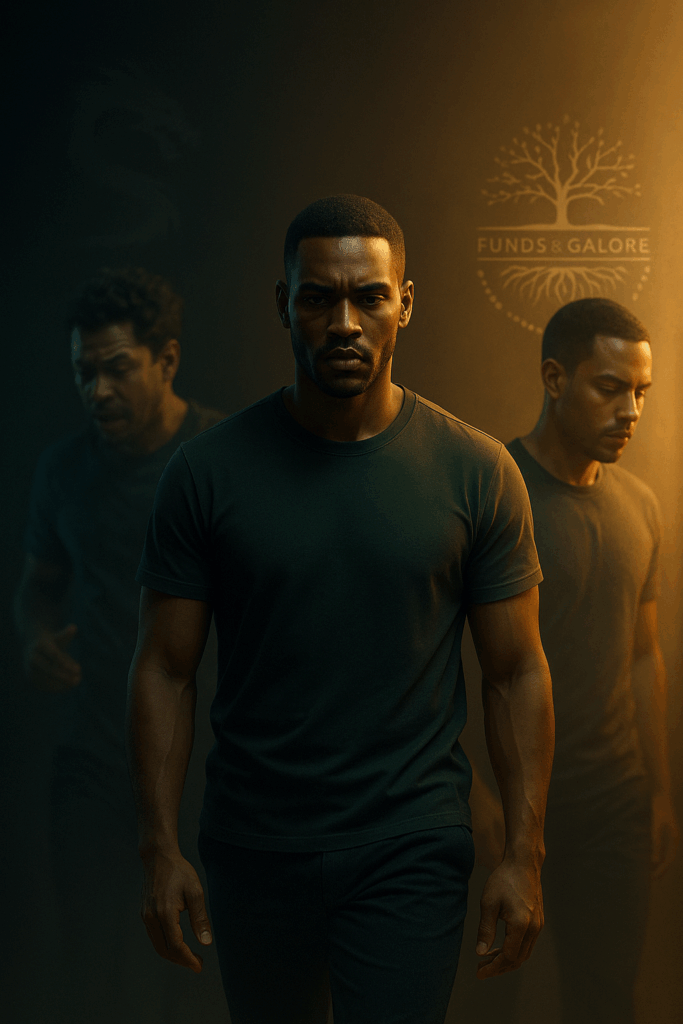 The Conscious Trader walks between two versions of himself — one chaotic, one disciplined — with the real Funds&Galore logo glowing in the golden light and the Inner Dragon fading into the darkness, representing the illusion of control in Mindset Over Markets.