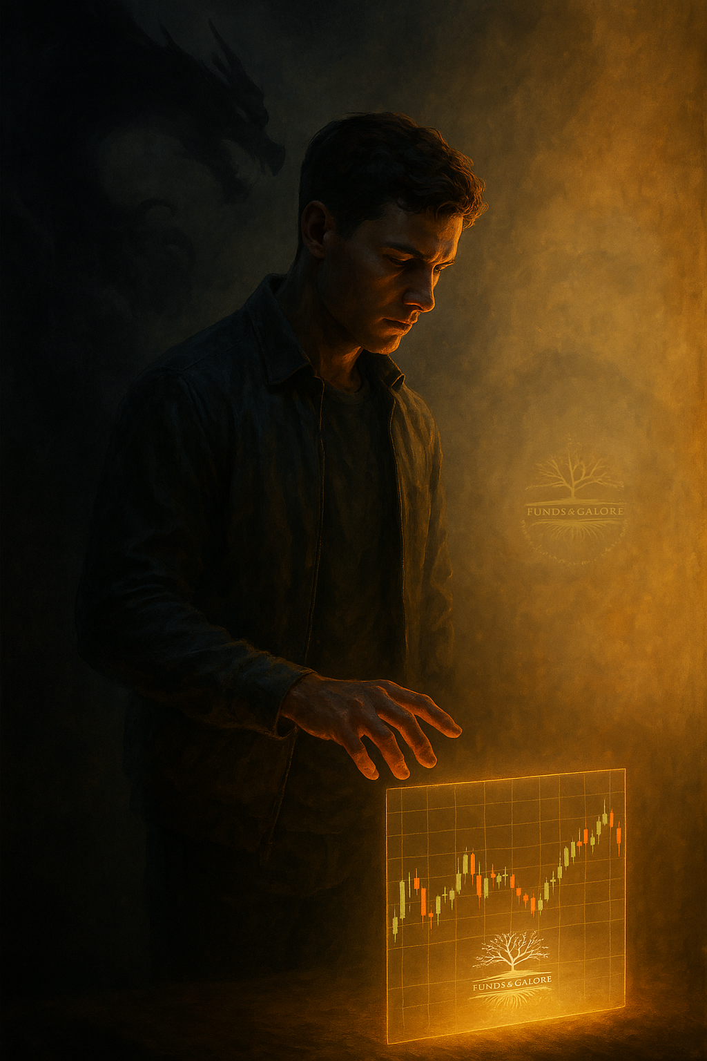 A South African trader hesitates with his hand above a glowing floating trade setup, surrounded by storm-like shadows and warm light, with the Funds&Galore logo embedded in the chart and the Inner Dragon swirling behind him, illustrating emotional conflict in Mindset Over Markets.