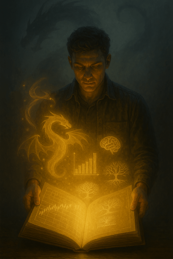 A young Conscious Trader opens a glowing book filled with charts, psychology symbols, and golden dragon imagery rising from the pages, with the real Funds&Galore tree logo illuminated inside, reflecting the awakening of the Inner Architect in Mindset Over Markets.