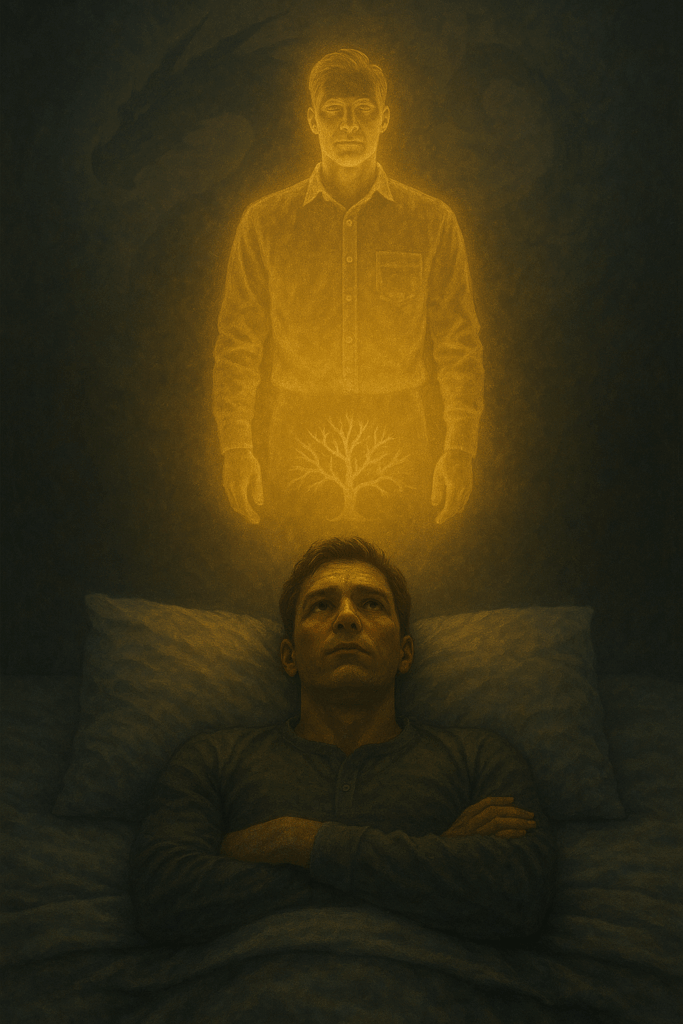 A South African trader lies on a bed staring upward while a glowing future version of himself stands above him, with the Inner Dragon behind and the real Funds&Galore logo in the background light, symbolising alignment.