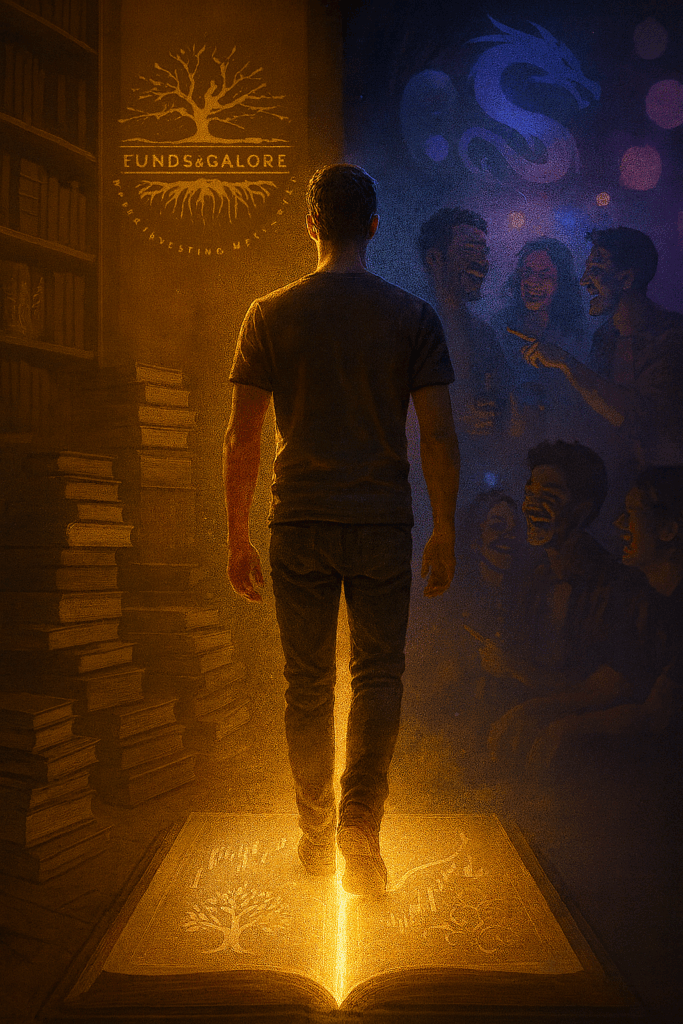 A South African Conscious Trader walks a glowing middle path between a structured book-filled environment and a lively township nightlife scene, with the Funds&Galore logo on the structured side and the Inner Dragon on the nightlife side, representing balance in Mindset Over Markets.