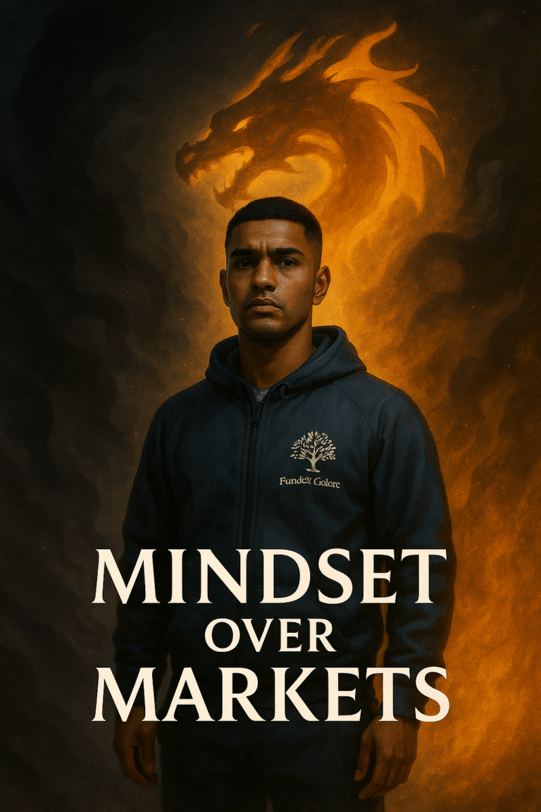 A South African Indian Conscious Trader wearing a Funds&Galore tracksuit stands in a cinematic battlefield of shadows and ember-gold light, with a rising Inner Dragon silhouette behind him, representing the psychological conflict in Mindset Over Markets.