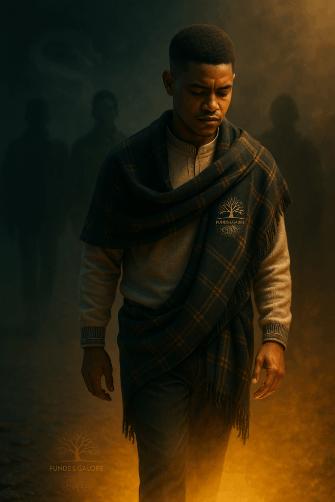 A South African trader dressed in modern traditional clothing walks away from fading shadowy figures in a misty environment, illuminated by a golden path carrying the Funds&Galore logo, with the Inner Dragon drifting behind him, symbolising transformation in Mindset Over Markets.