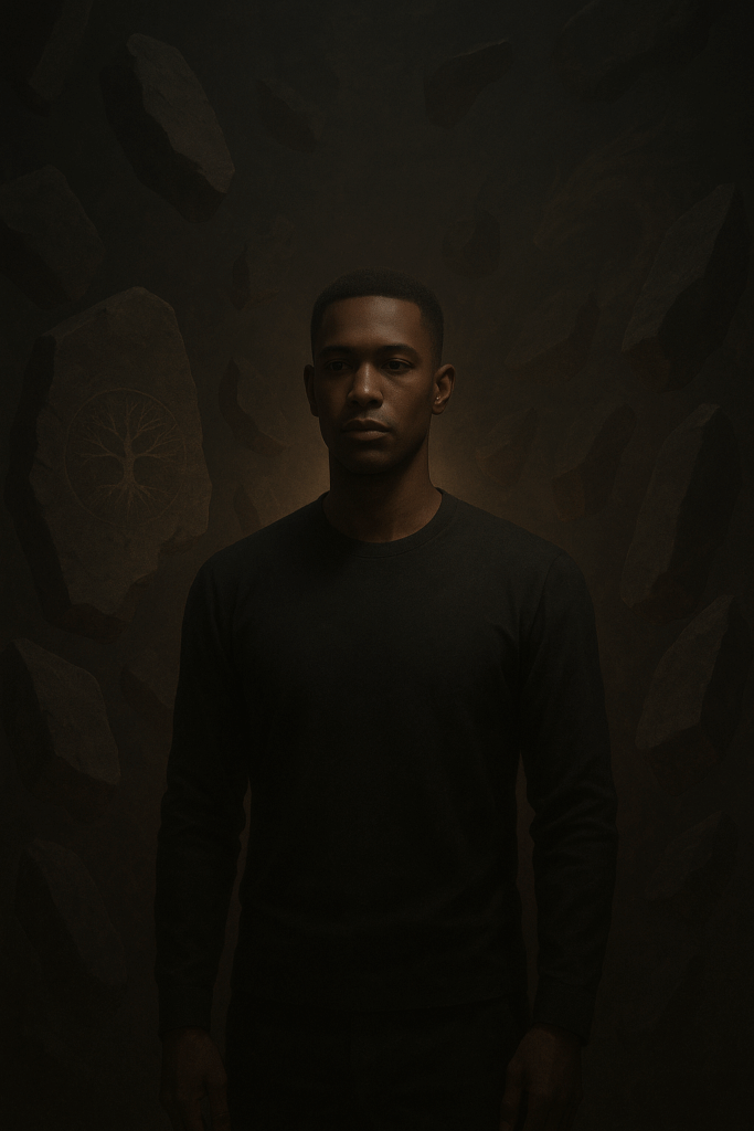 South African conscious trader standing in a dark psychological space with floating stone fragments, subtle Funds&Galore symbols in the background, representing inner awareness and the blueprint within