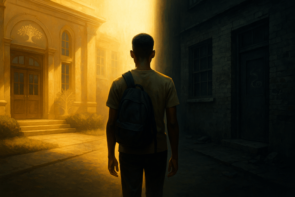 A symbolic younger version of the Conscious Trader walking through contrasting school environments, reflecting the shift from comfort to survival.