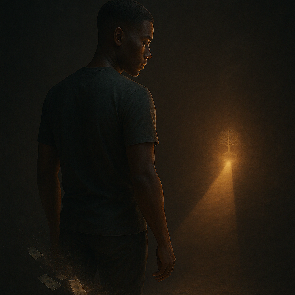 A symbolic scene of the Conscious Trader ignoring material distractions while focusing on long-term mastery and process.