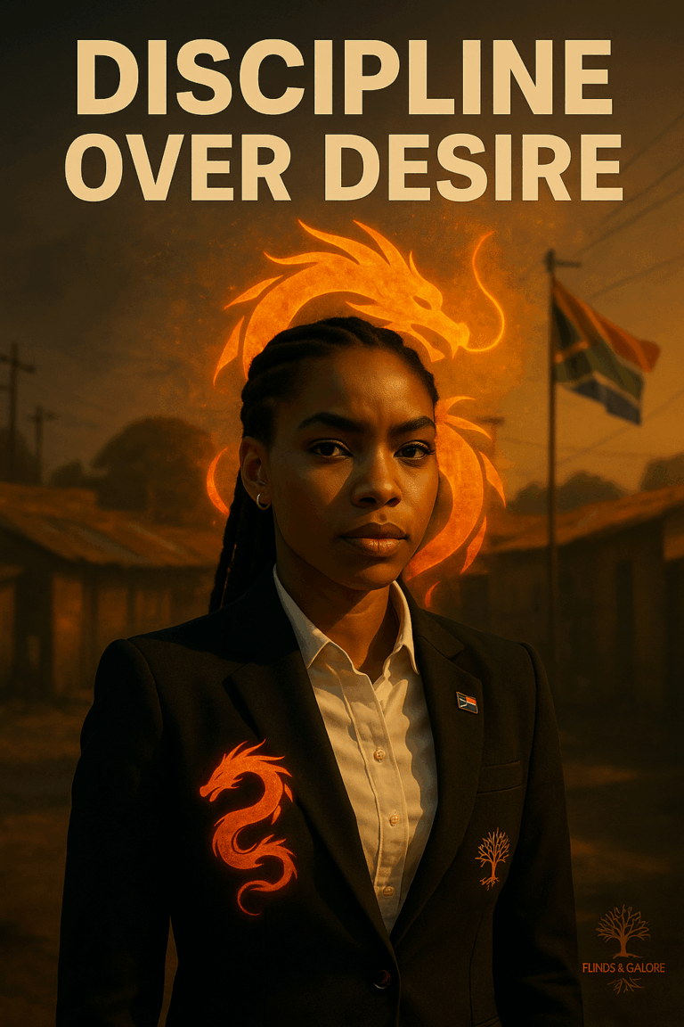 A Black South African woman from Soweto standing confidently in a lawyer-style outfit with a South African flag behind her, symbolising the theme Discipline Over Desire.