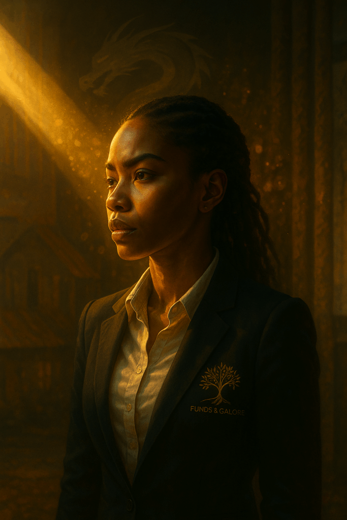A young Black South African woman illuminated by a golden beam of light in a dim room, with a faint Inner Dragon and the Funds&Galore logo behind her, representing the awakening in Discipline Over Desire.