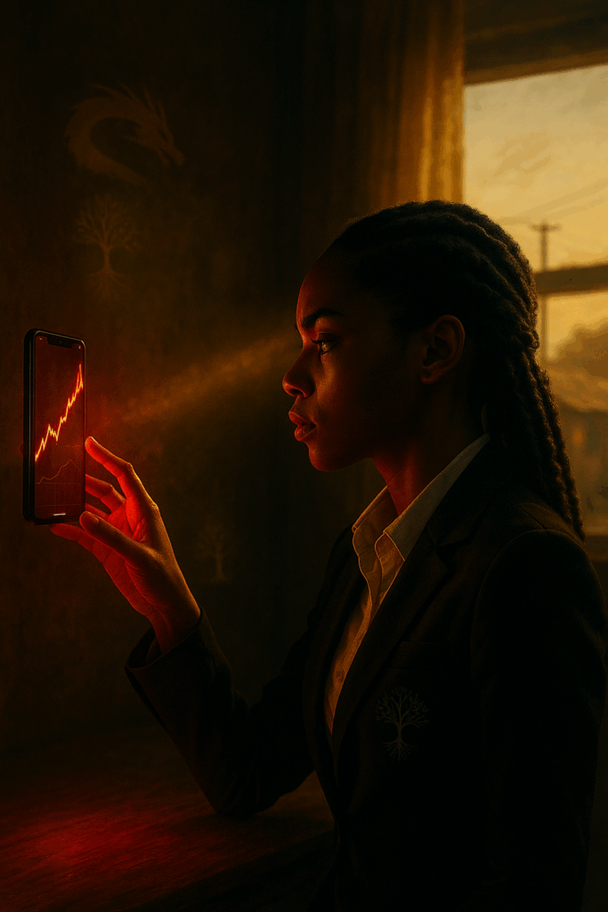 A focused Black South African woman reaching toward a glowing phone showing a rising chart, surrounded by red desire-light and golden purpose-light, capturing the conflict in Discipline Over Desire.
