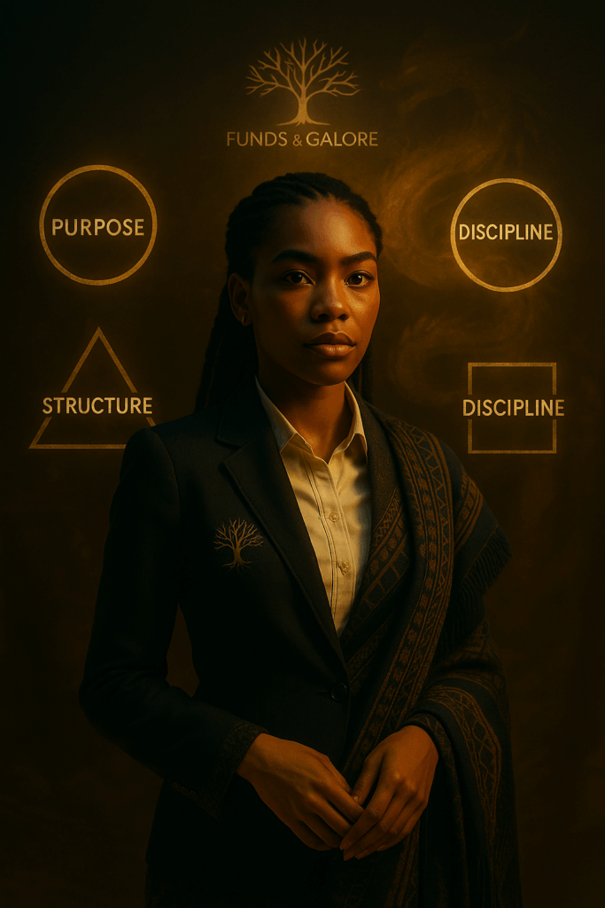 A Black South African woman standing in a circle of floating symbols—purpose, structure, mindset, discipline—with the Inner Dragon and the Funds&Galore logo behind her, expressing the foundation of Discipline Over Desire.