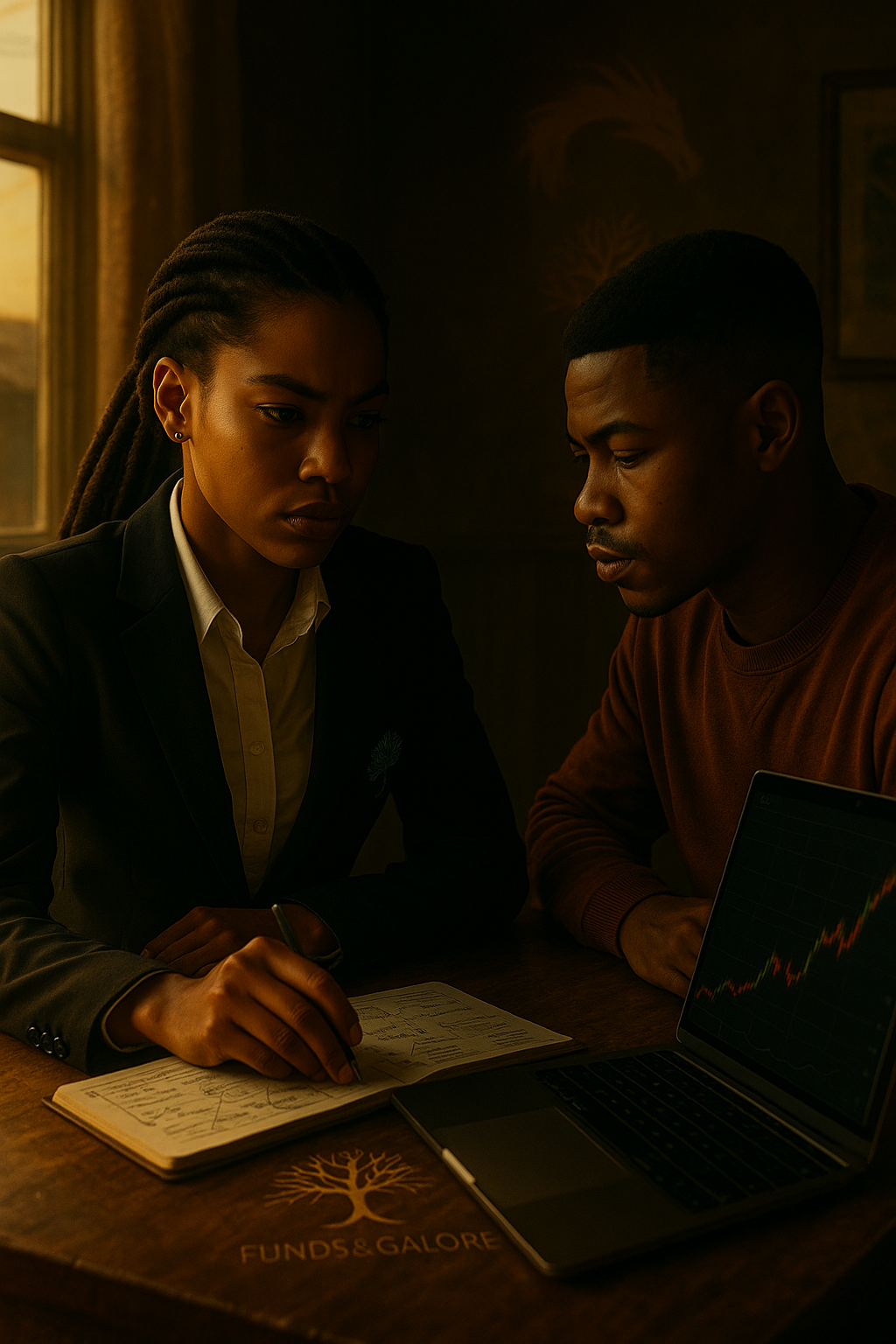 A determined Black South African woman studying trading notes beside her mentor in a dim, golden-lit room, with the Inner Dragon and Funds&Galore logo subtly blended, illustrating early lessons in Discipline Over Desire.