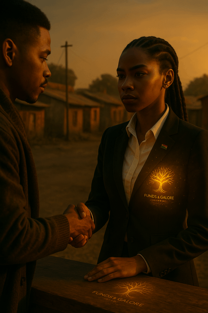 A Black South African woman shaking hands with a young man in Soweto during golden hour, with a glowing Funds&Galore logo symbolising progress and growth
