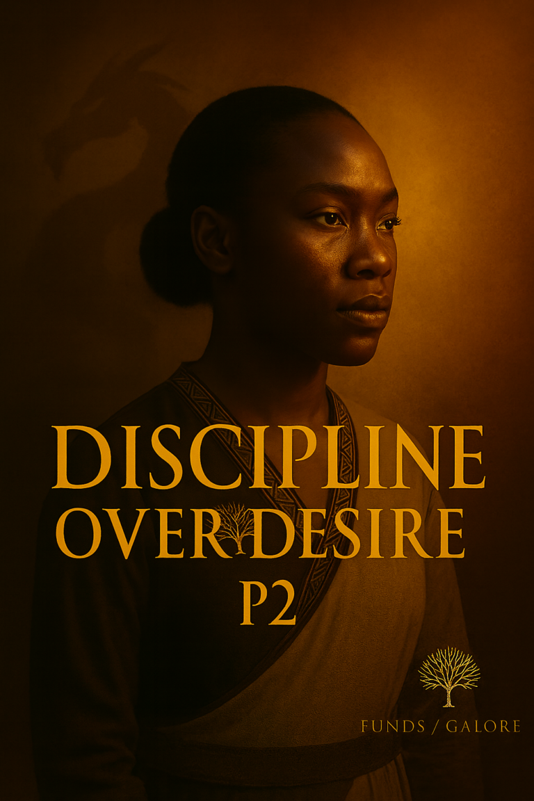 A cinematic portrait of a young South African woman in golden light, with a faint dragon shadow behind her, symbolising awakening and self-mastery in Discipline Over Desire 2.