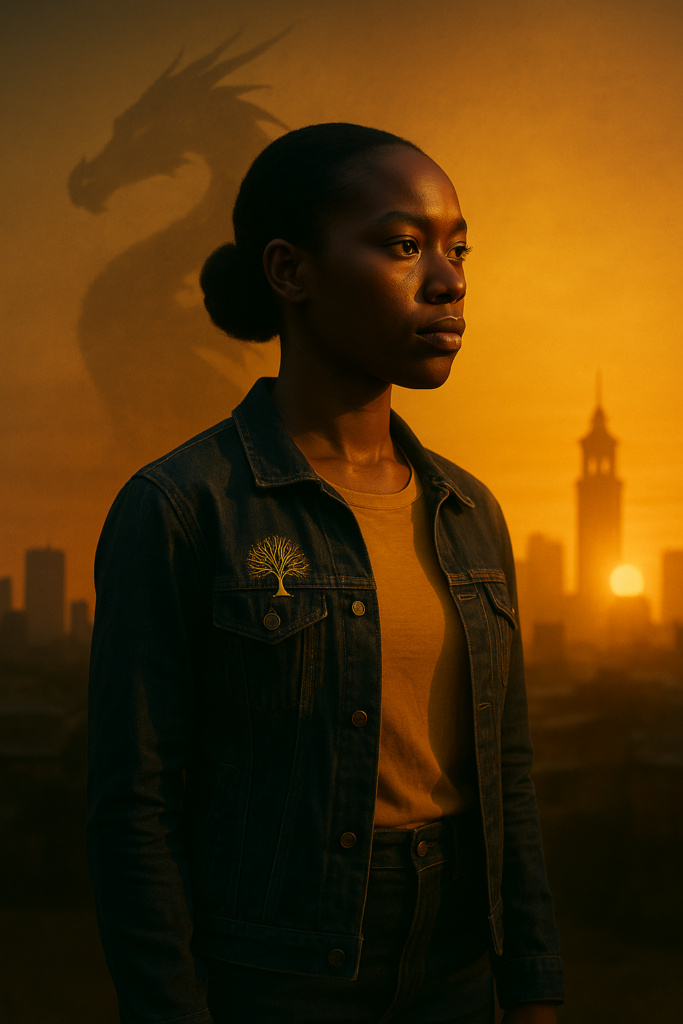 A South African woman working with calm focus at a dimly lit desk, golden light shaping her expression as a forex chart glows softly in front of her, illustrating focused intention in Discipline Over Desire 2.