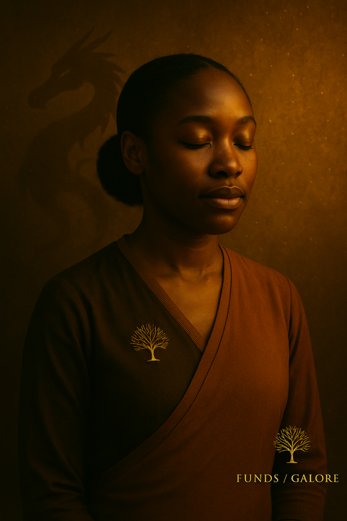 A serene portrait of a South African woman with closed eyes and a faint dragon form behind her, representing mastery, clarity, and conscious trading in Discipline Over Desire two piece series
