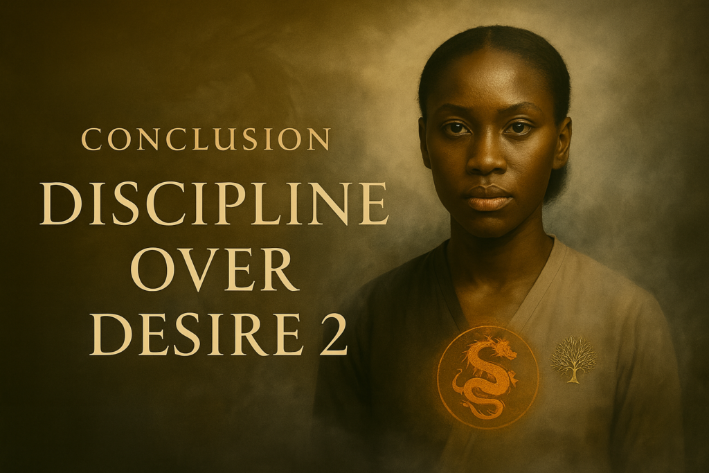 A cinematic portrait of a young South African woman facing forward with a calm but dangerous expression, holding a glowing orange dragon symbol against a misty golden background, with the Funds & Galore emblem subtly blended behind her.