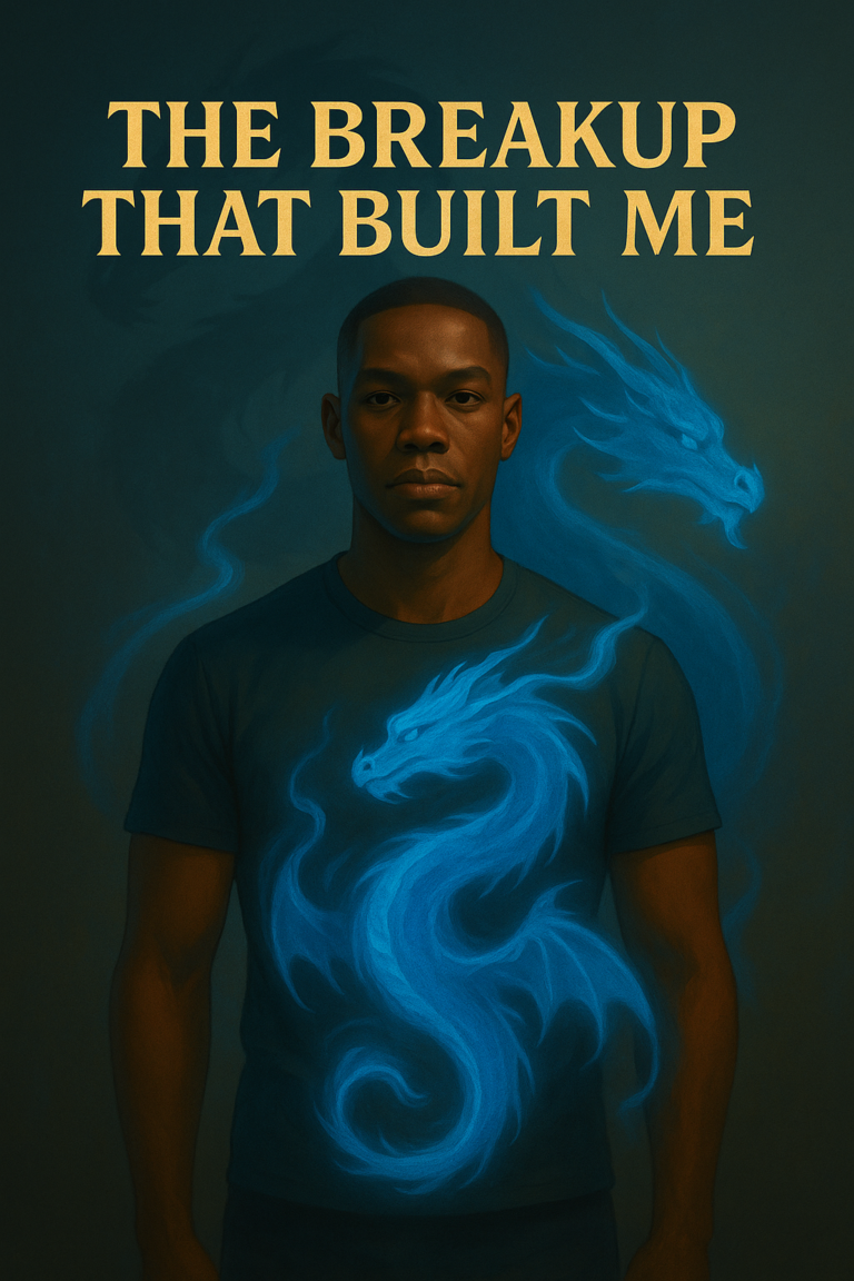 The Breakup That Built Me showing a calm conscious trader holding a glowing book with a blue inner dragon representing awareness, discipline, and rebirth in trading