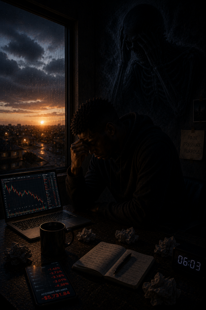 The Collapse Before The Rise during an emotionally heavy sunrise after overnight market stress