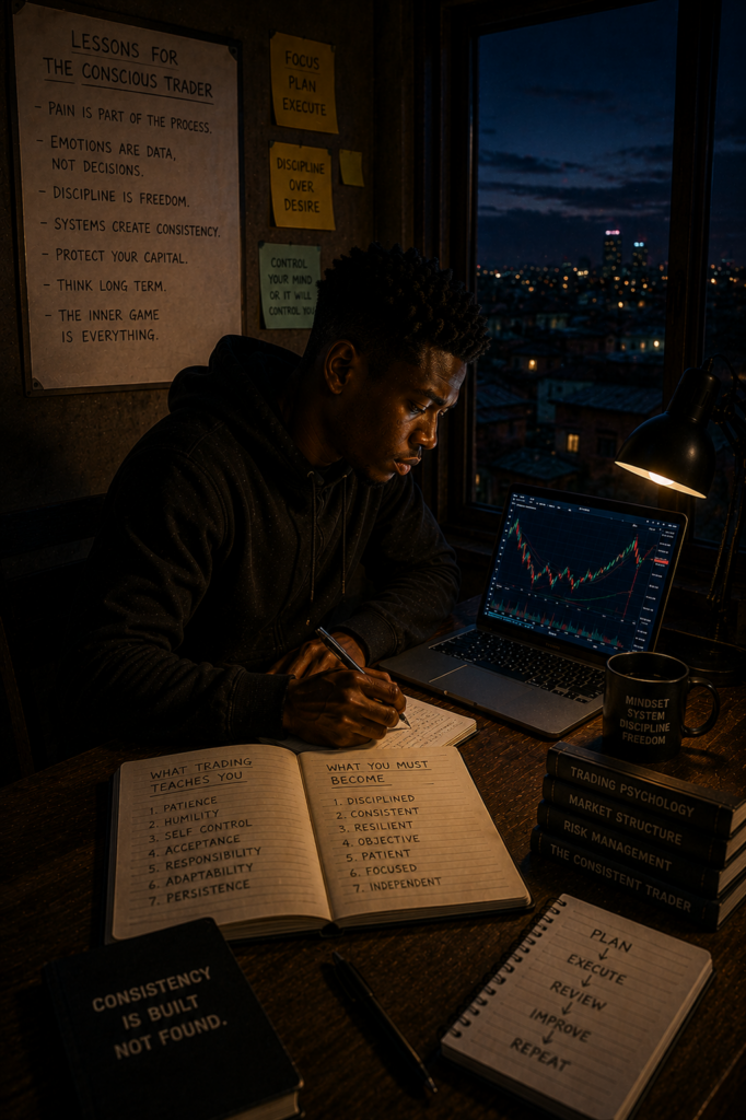 A conscious trader developing resilience, emotional control, and long-term discipline through adversity