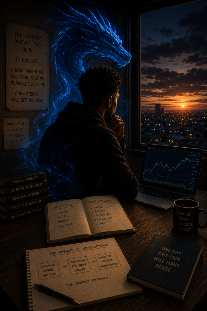 Blue Inner Dragon standing behind a disciplined trader reflecting on purpose, consistency, and independence