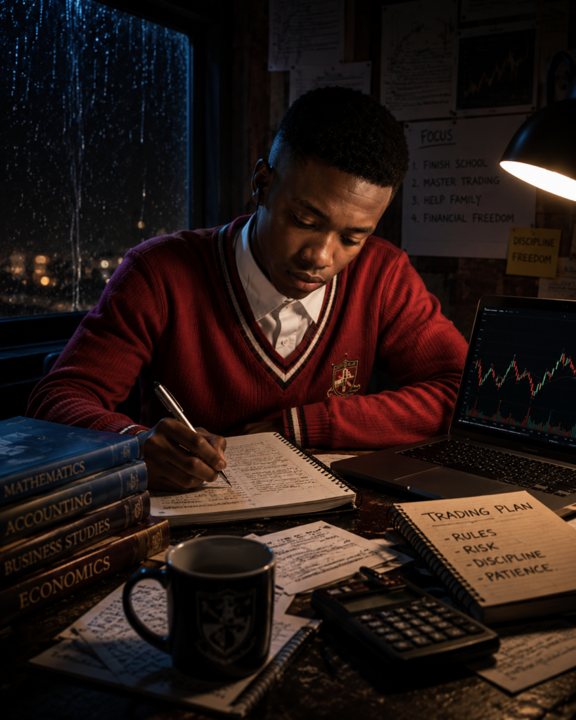 The Trader’s Final Year begins as a young South African trader walks toward his future while balancing education and forex trading