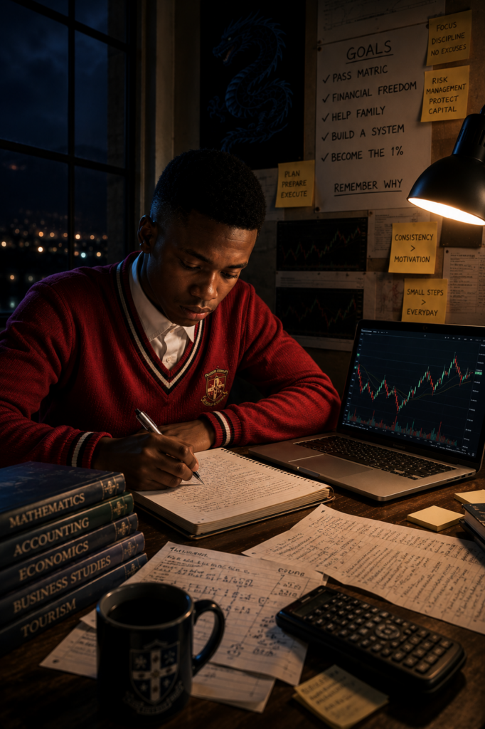 The Trader’s Final Year showing a young forex trader balancing matric studies with market analysis and personal development