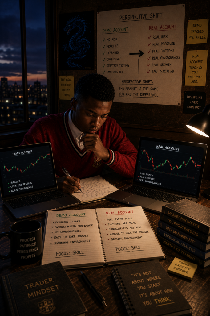 The Trader’s Final Year demonstrating the perspective shift between demo trading and real-account trading experience