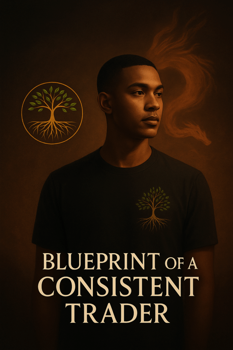 Symbolic image representing the Blueprint of a Consistent Trader, showing the Conscious Trader facing golden light with the Funds&Galore symbols.